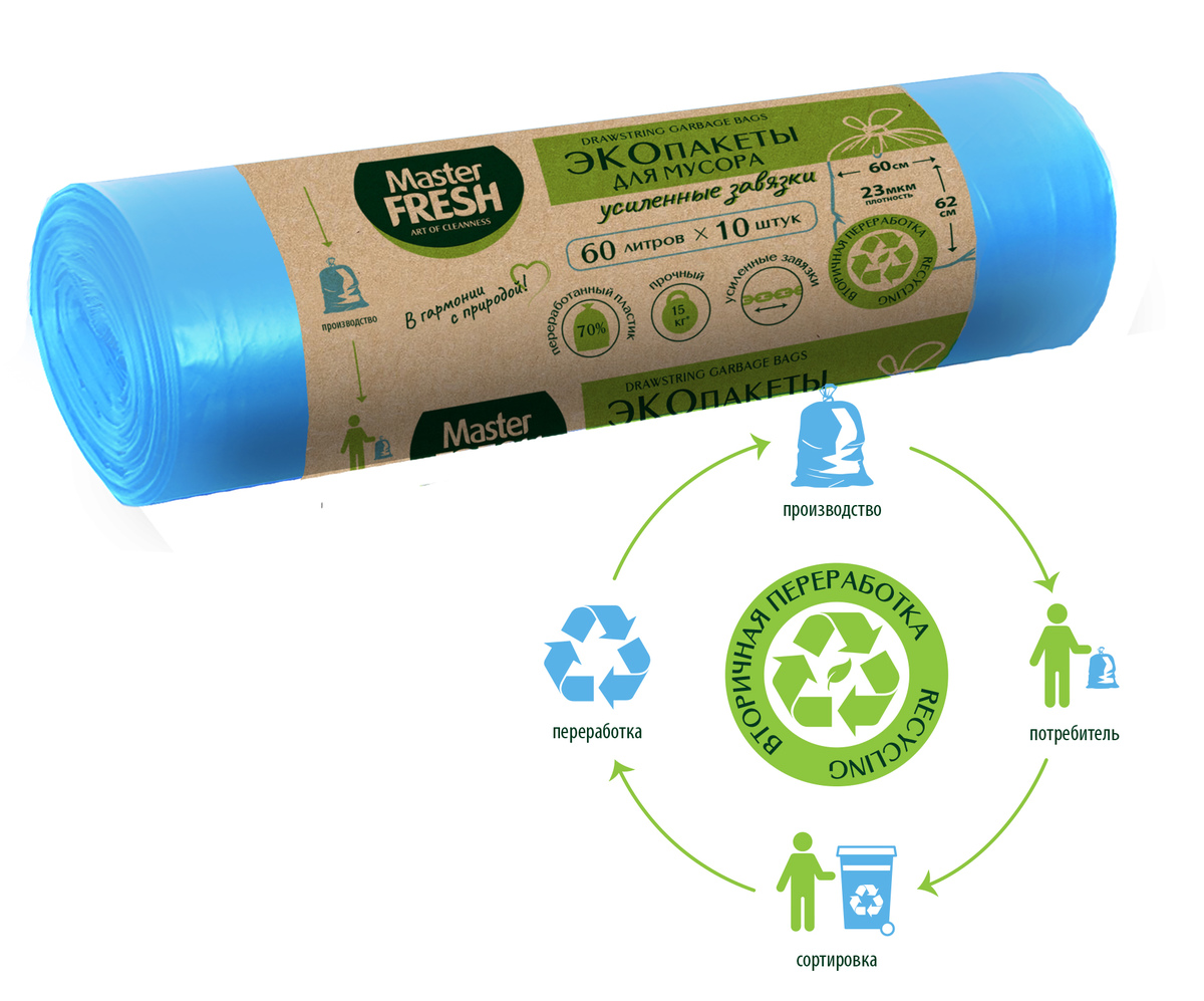 Пакеты для мусора с усиленными завязками 60л 10шт голубые 70%Recycling Эко пакеты Master Fresh 