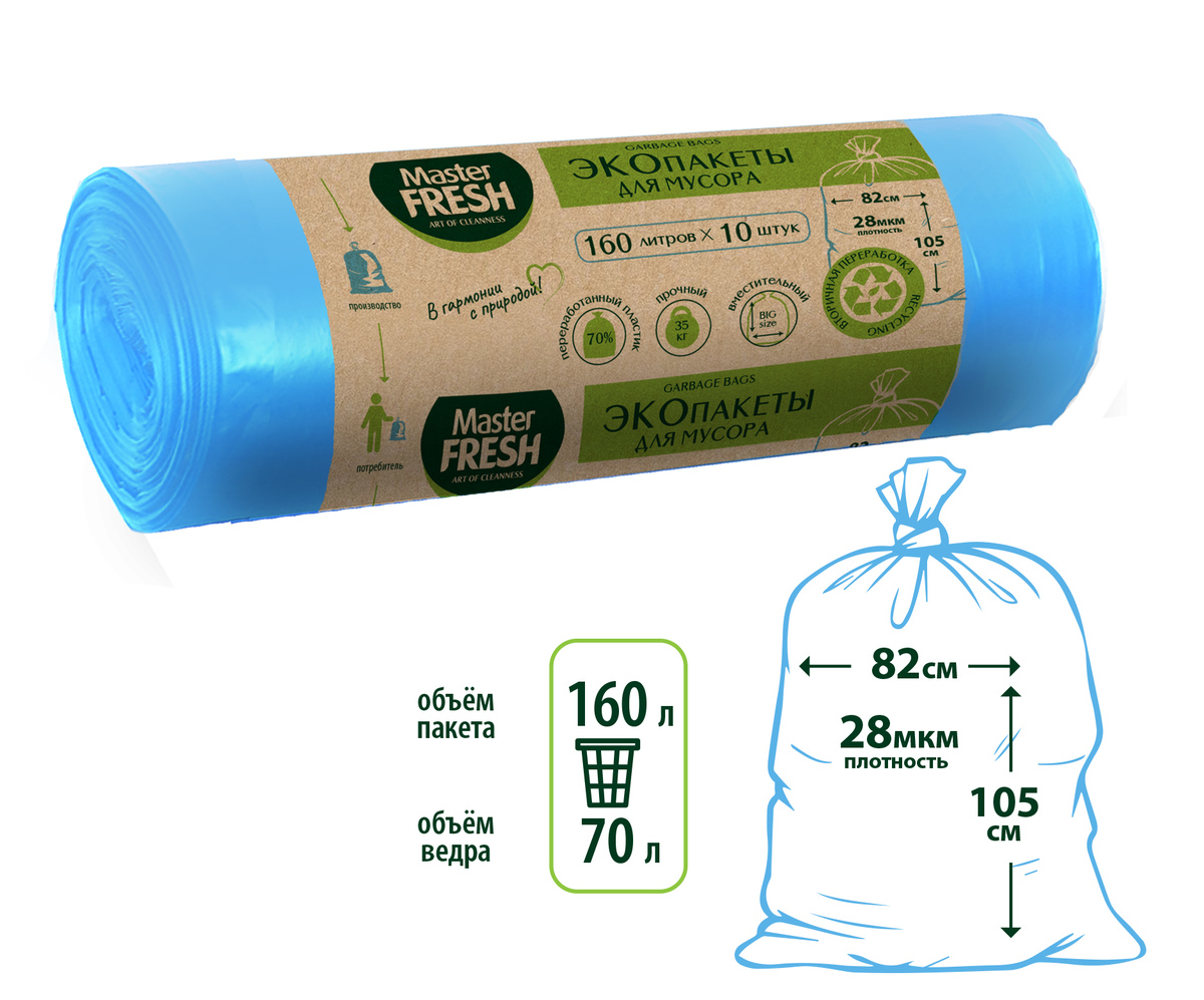 Пакеты для мусора с усиленными завязками 160л 10шт голубые 70%Recycling Эко пакеты Master Fresh 